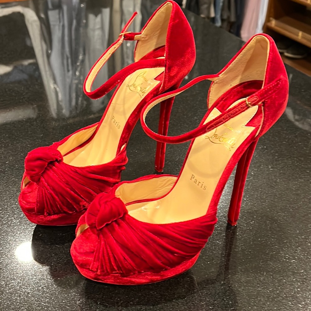 LOUBOUTIN 🔥 - Christian Louboutin size 39 red velvet heels- good used co…